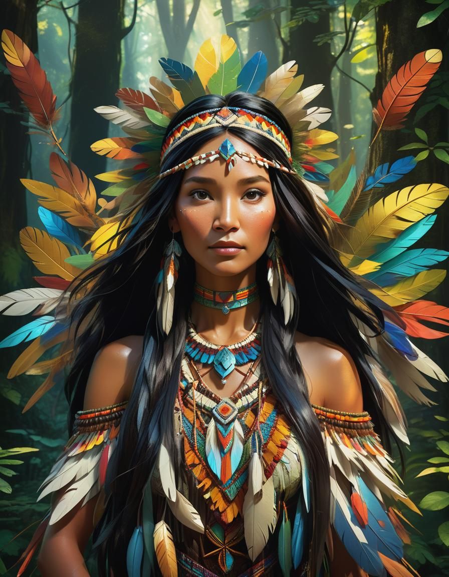 Pocahontas Portrait in Lush Forest, Art Nouveau Style