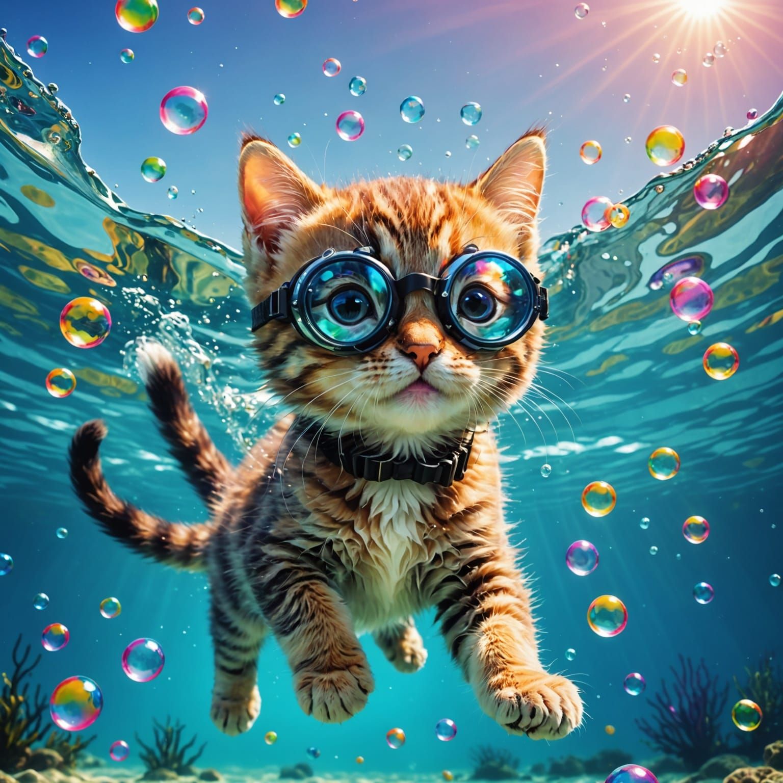 Adorable Kitten Swims Underwater in Cartoon Style