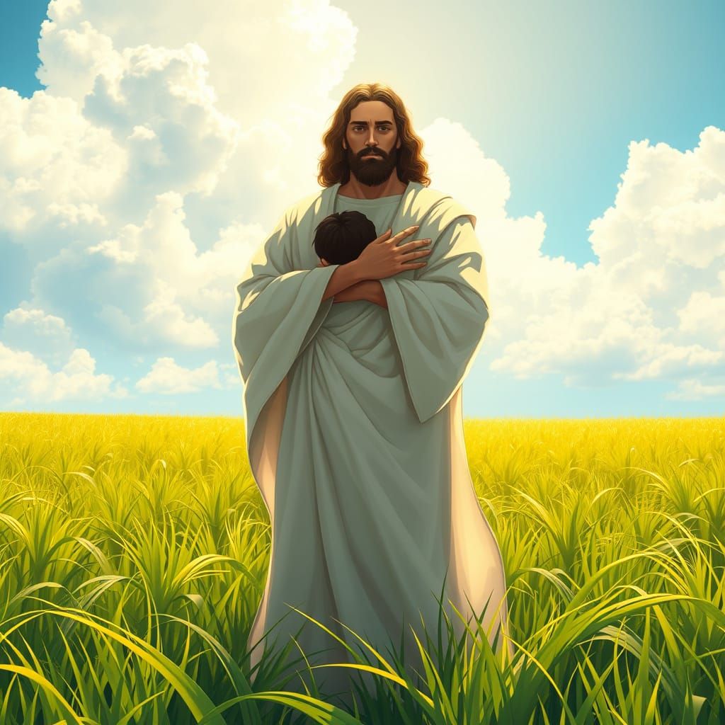 Serenely Embracing Jesus in a Lush Anime-Inspired Landscape