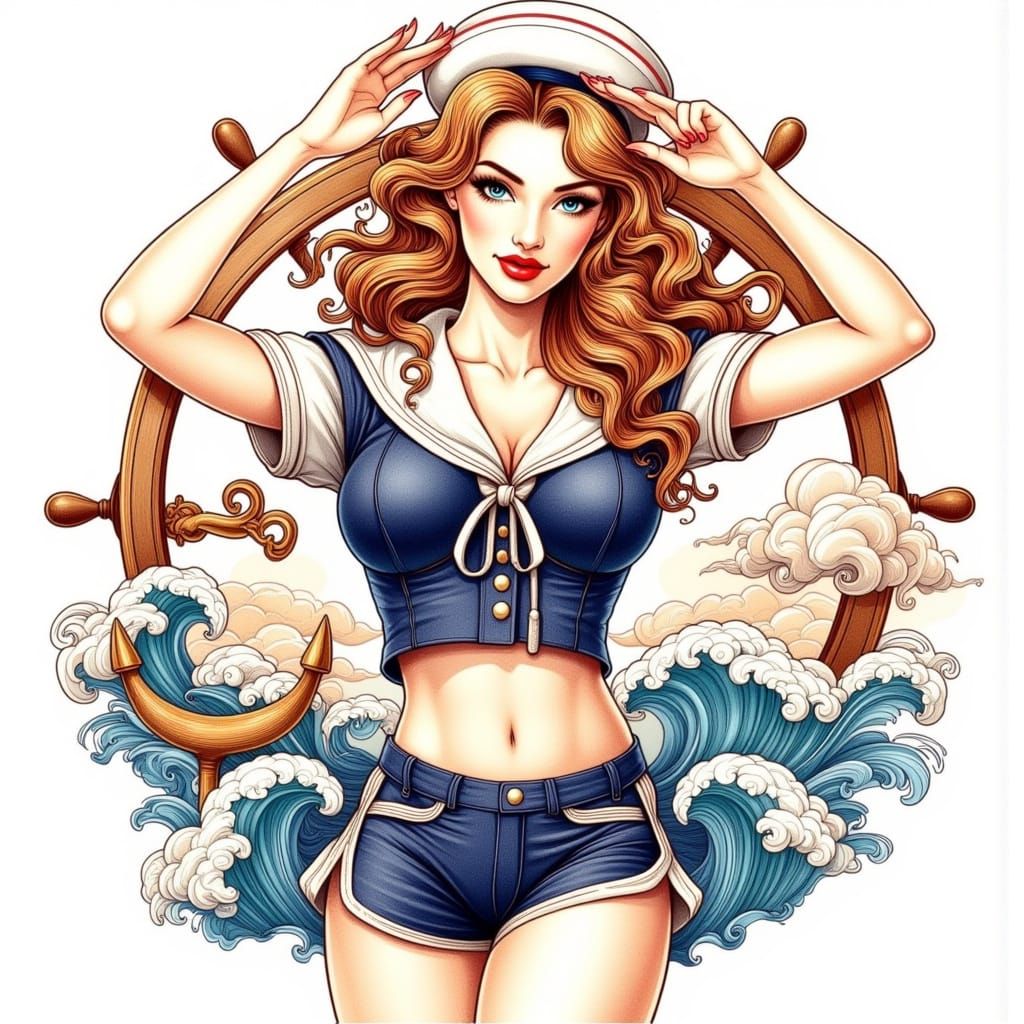 Glamorous Pin-Up Sailor Woman in Neo-Traditional Tattoo Styl...