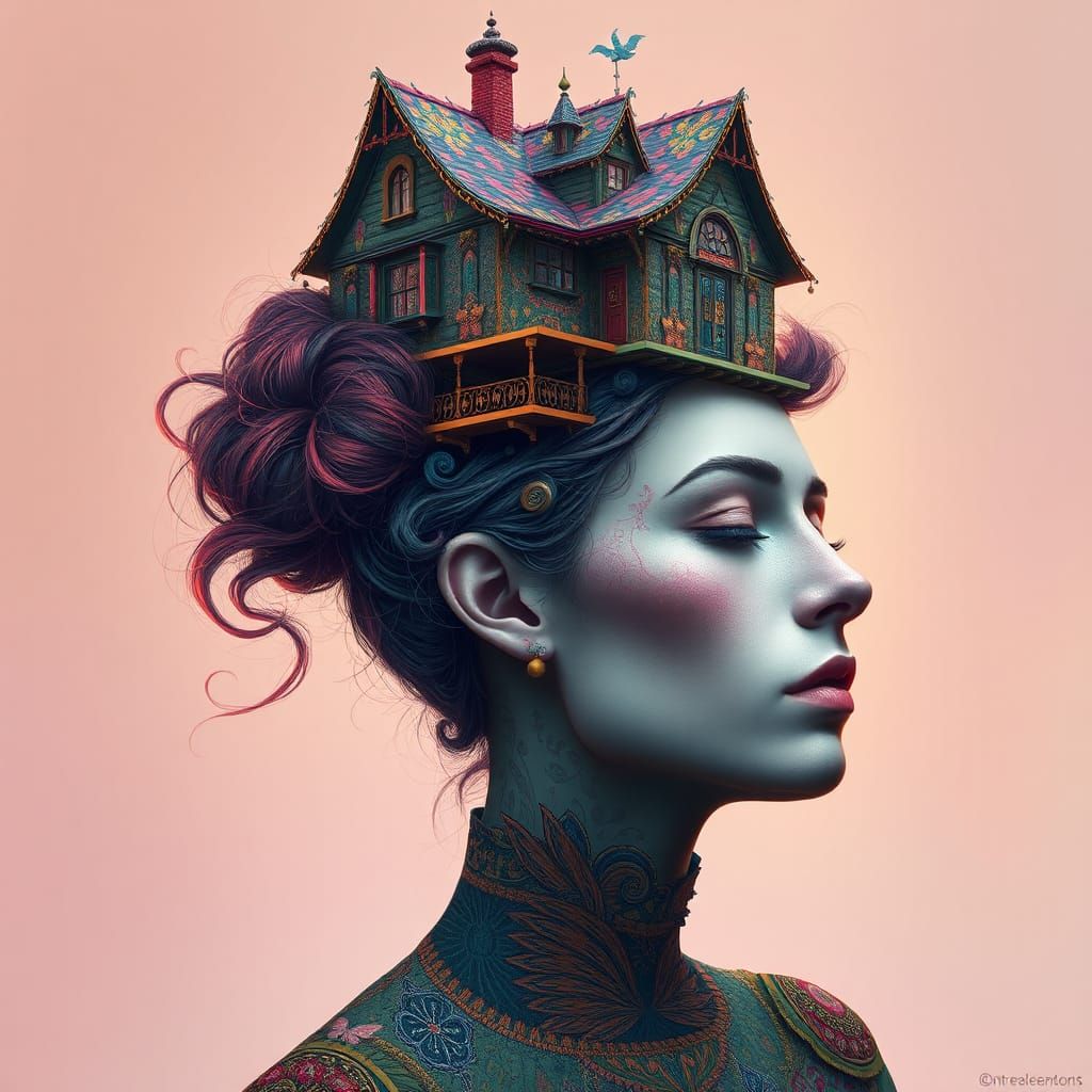 Surreal Woman with House Headpiece, Matte Painting