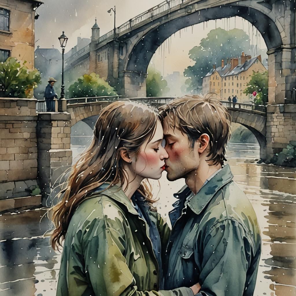 Lovers Kissing in Rain: Watercolour Close-Up