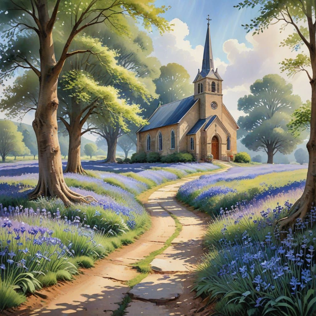 Serene Watercolor Landscape: Church Path Lined with Bluebell...