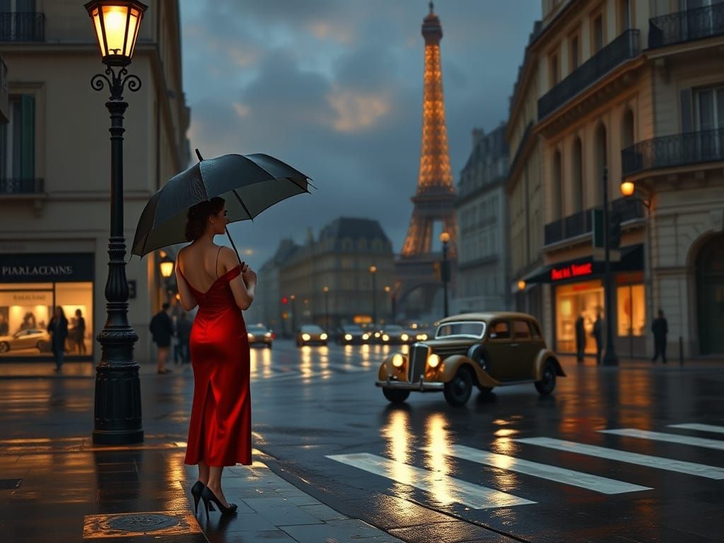 Elegant Woman Pauses on Parisian Street Corner Under Dark Tw...