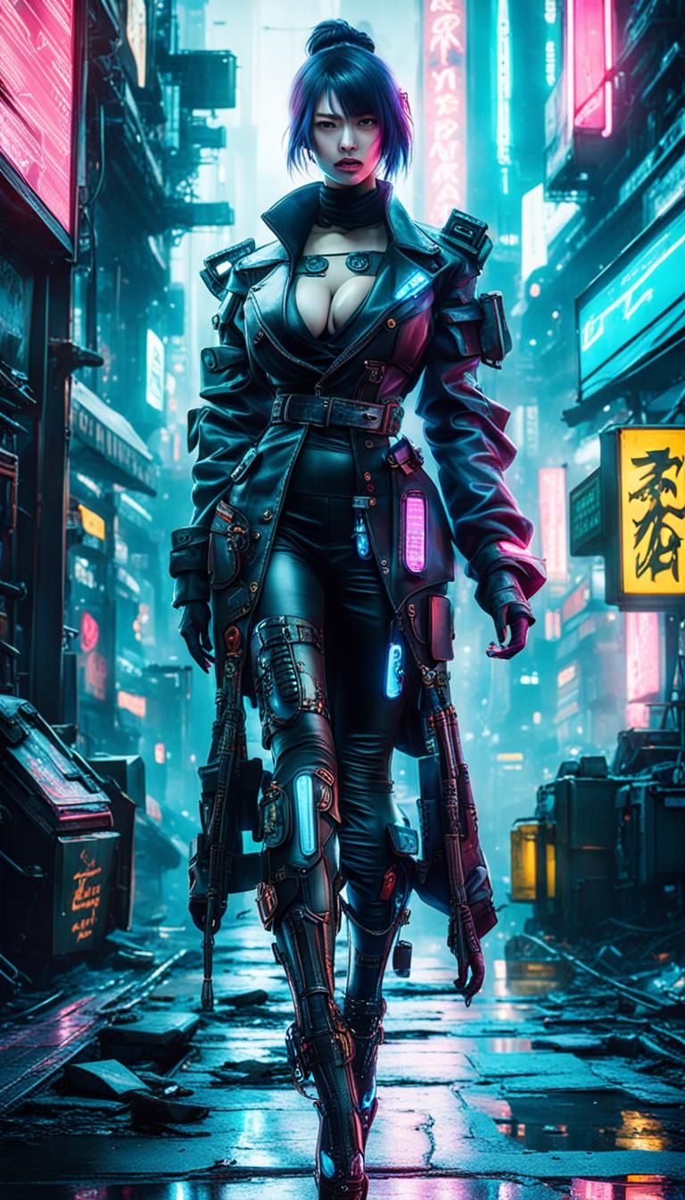 Cyberpunk Japanese Woman Portrait with Neon Steampunk Engine