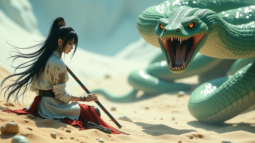 Ethereal White Snake Serenades Green Snake in Desert Twiligh...