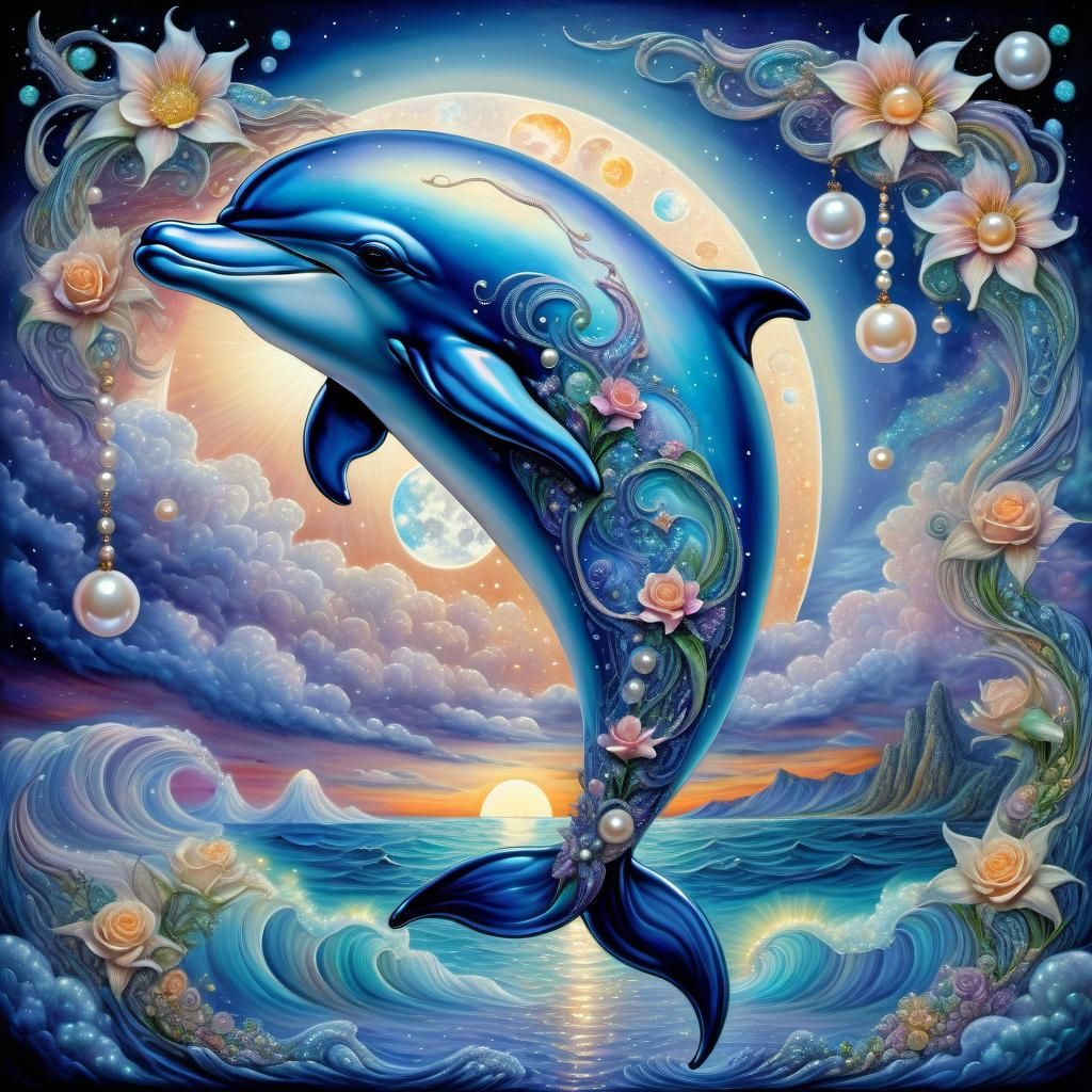Cosmic Dolphin in Surrealist Style with Pearls