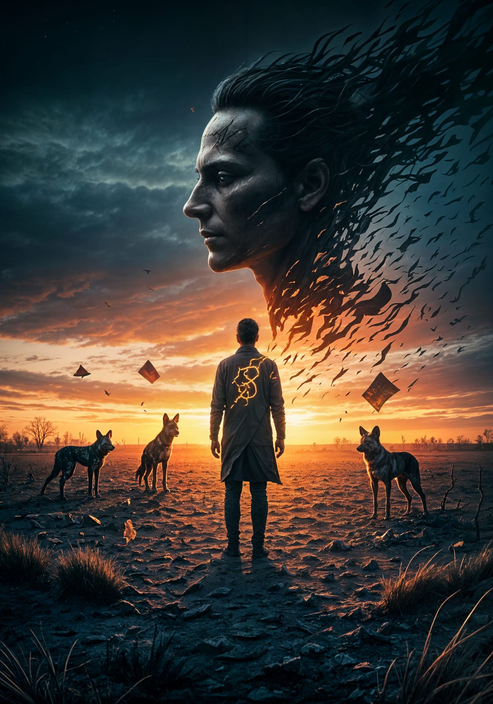 Figure in Burning Landscape: Dark Fantasy Art