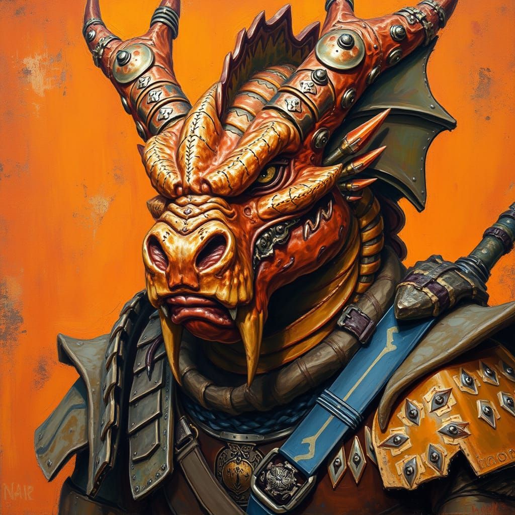 Neo-Impressionist Copper Dragonborn Warrior