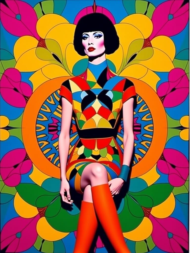 1960s Fashion Photography with Psychedelic Backdrop