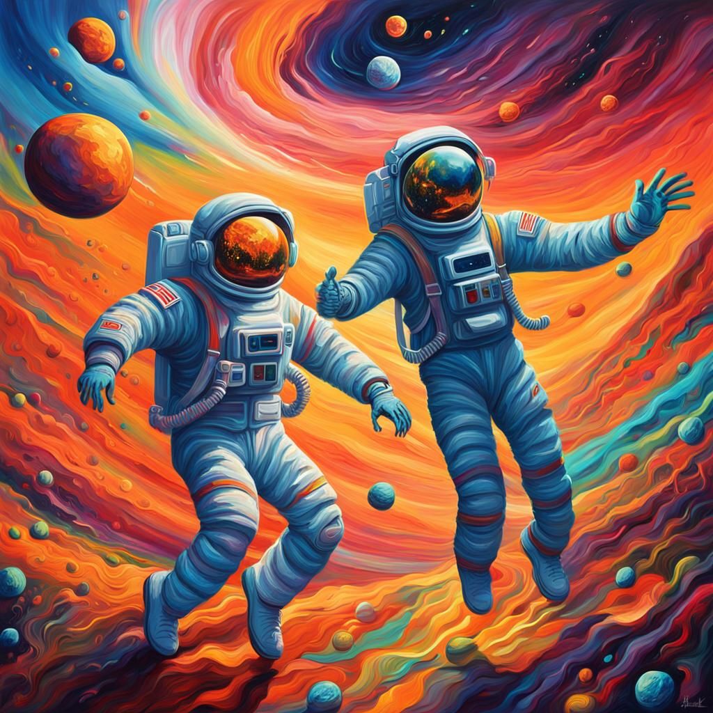 Astronaut and Alien Samba: Vibrant Oil Painting