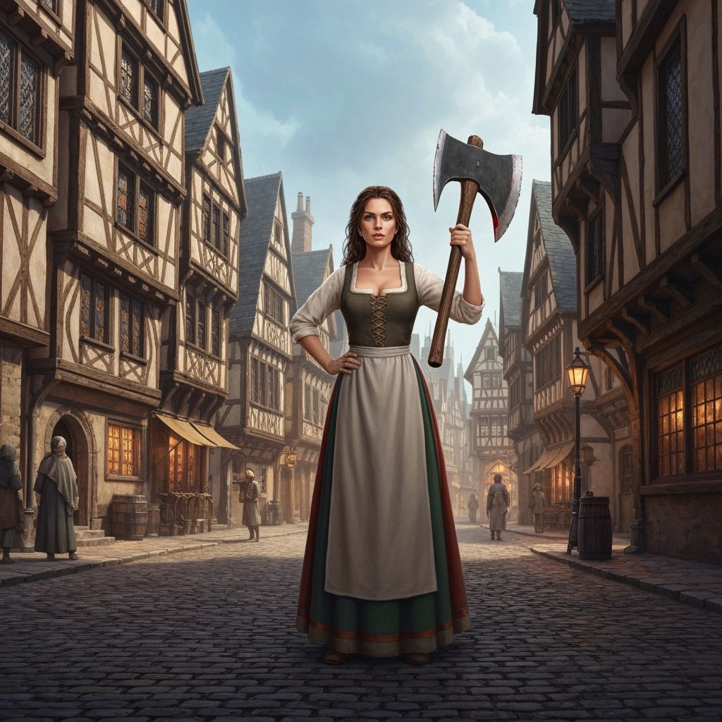 Medieval Woman with Axe in City Square