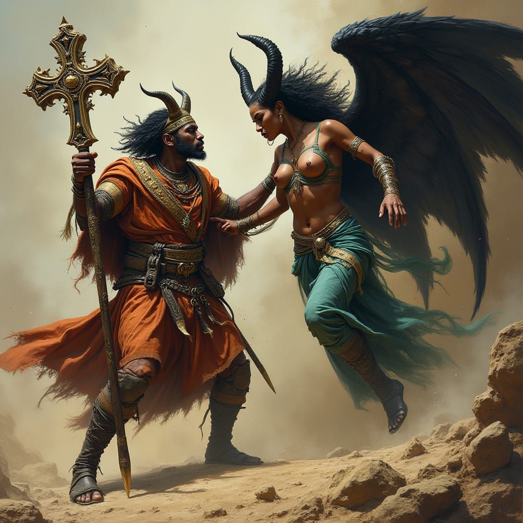 Ethiopian Warrior Battles Demon in Gritty Fantasy Art
