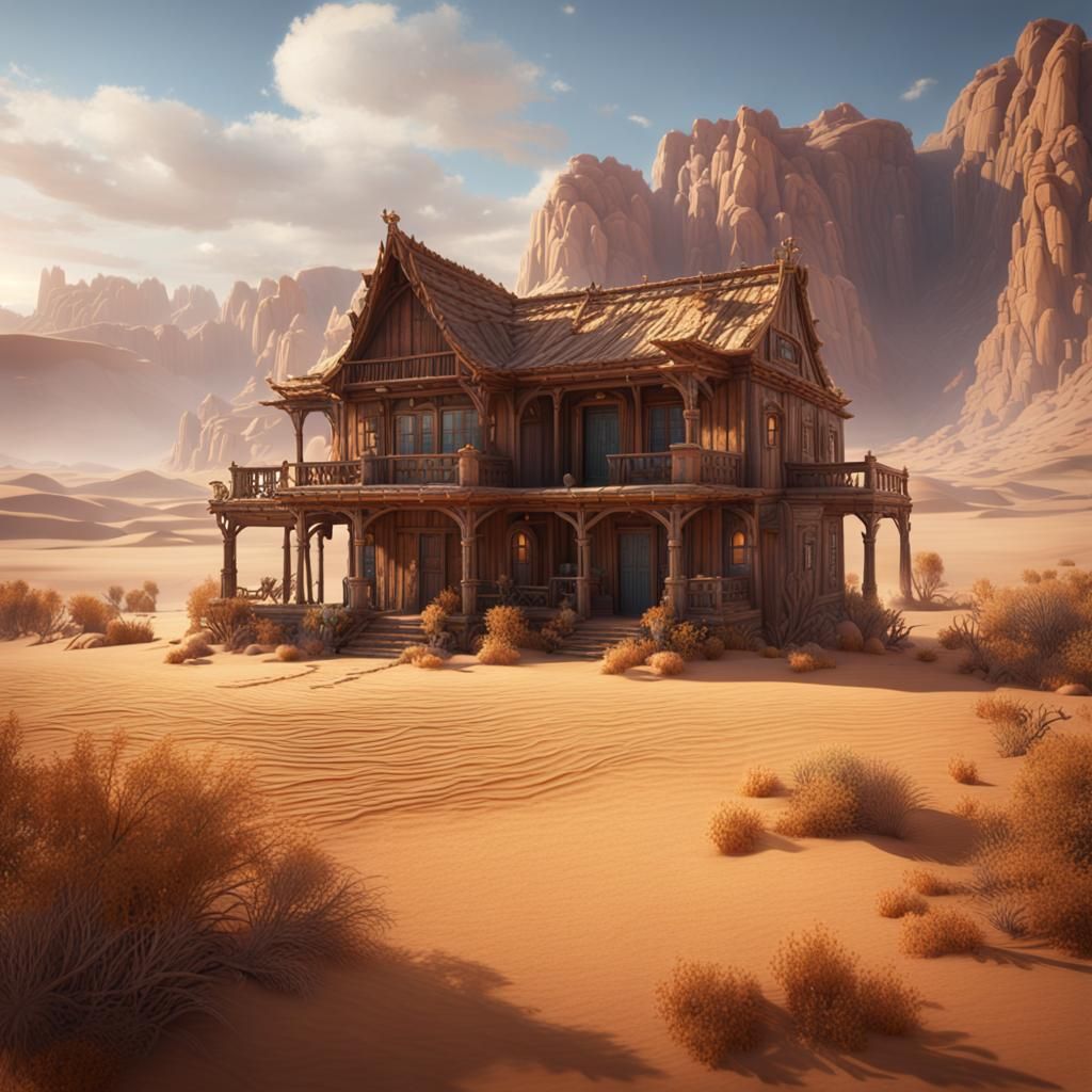 Wooden House in Vast Desert Terrain
