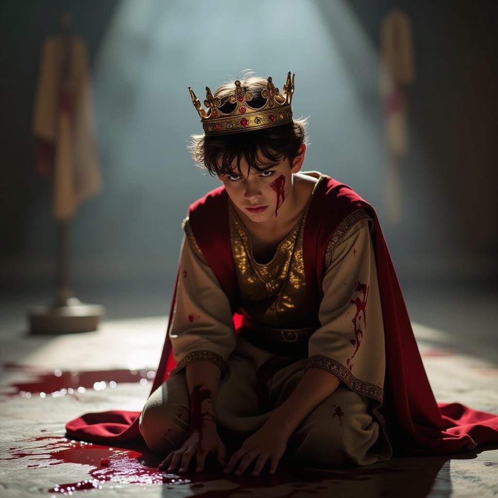 Wounded Boy with Shattered Crown: Cinematic Portrait