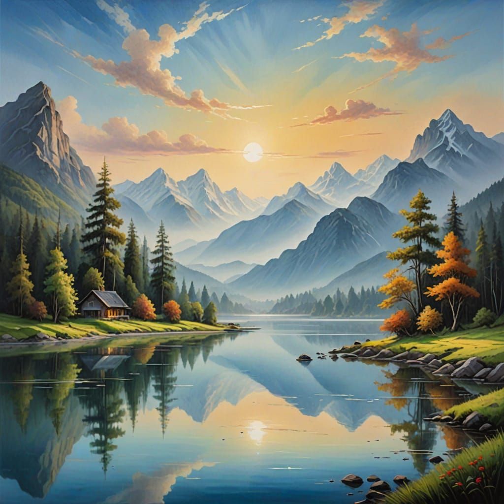 Serene Mountain Lake in Dreamlike Oil Painting