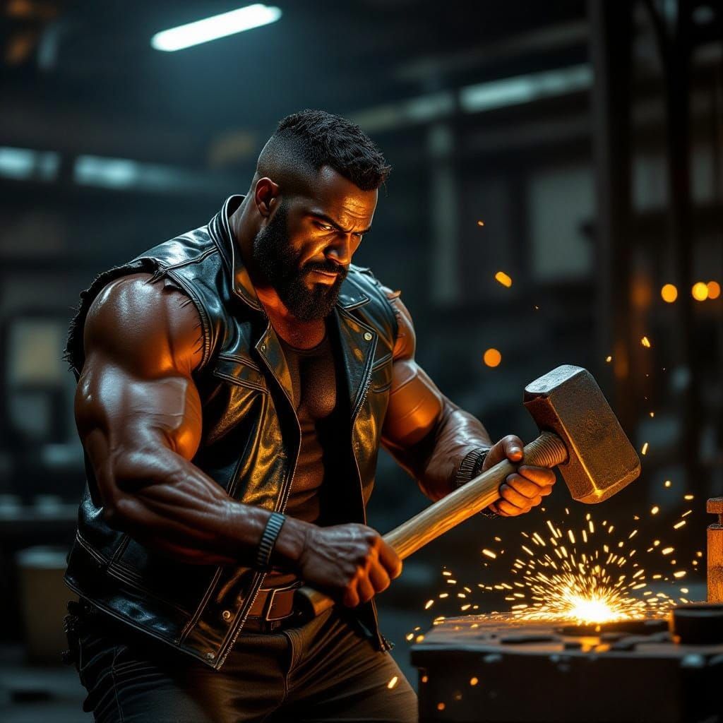 Muscular Blacksmith Shaping Metal with Hammer