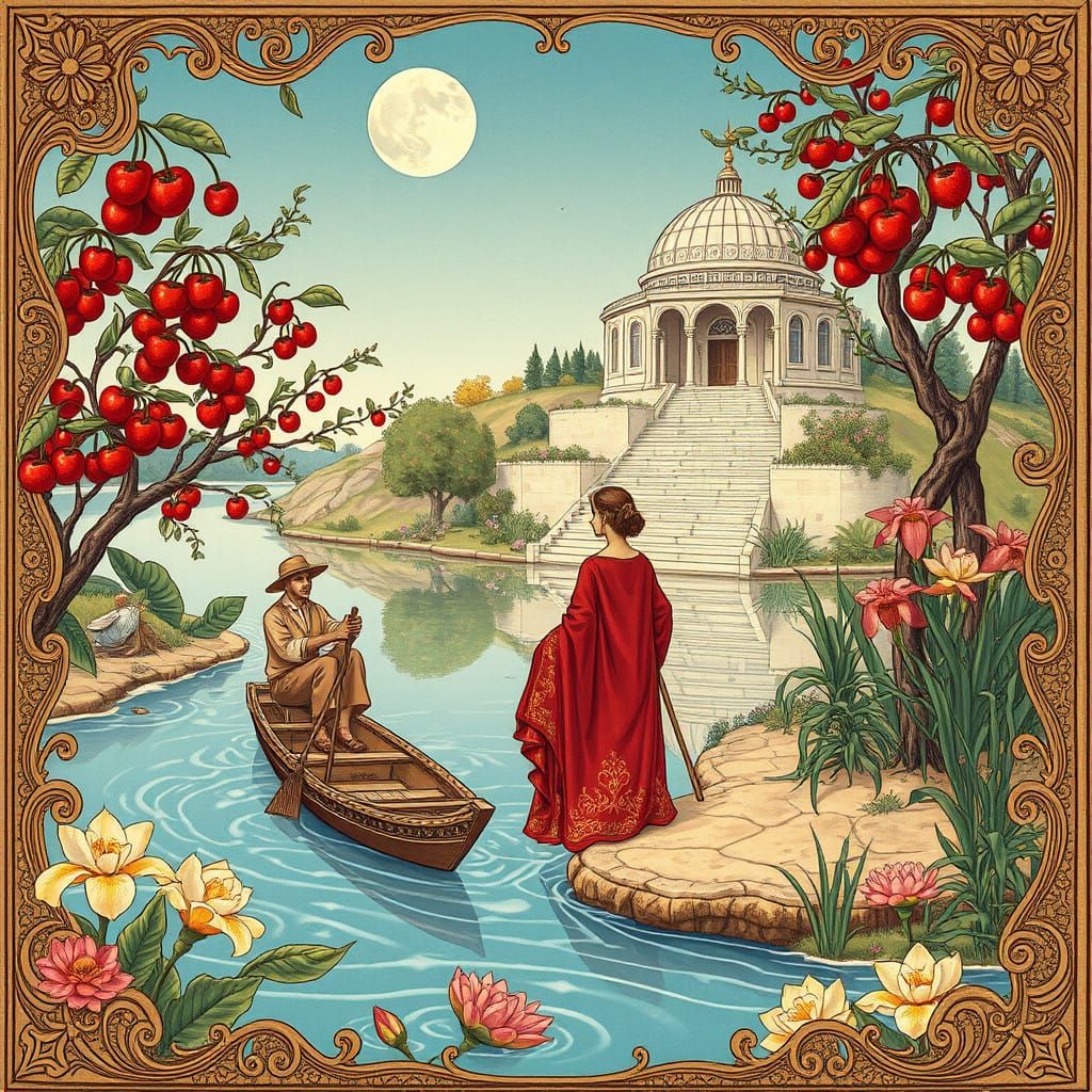 Ethereal Waterway Scene in Whimsical Medieval Style