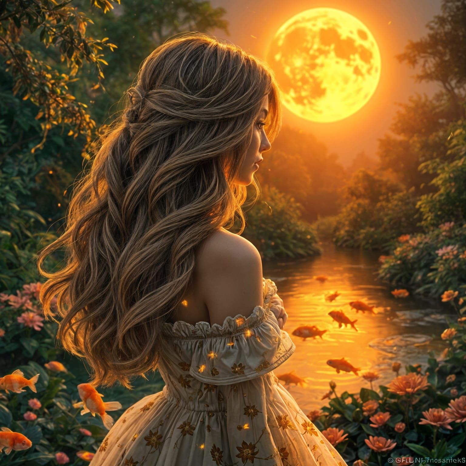 Lady in Whimsical Garden Under Full Moon