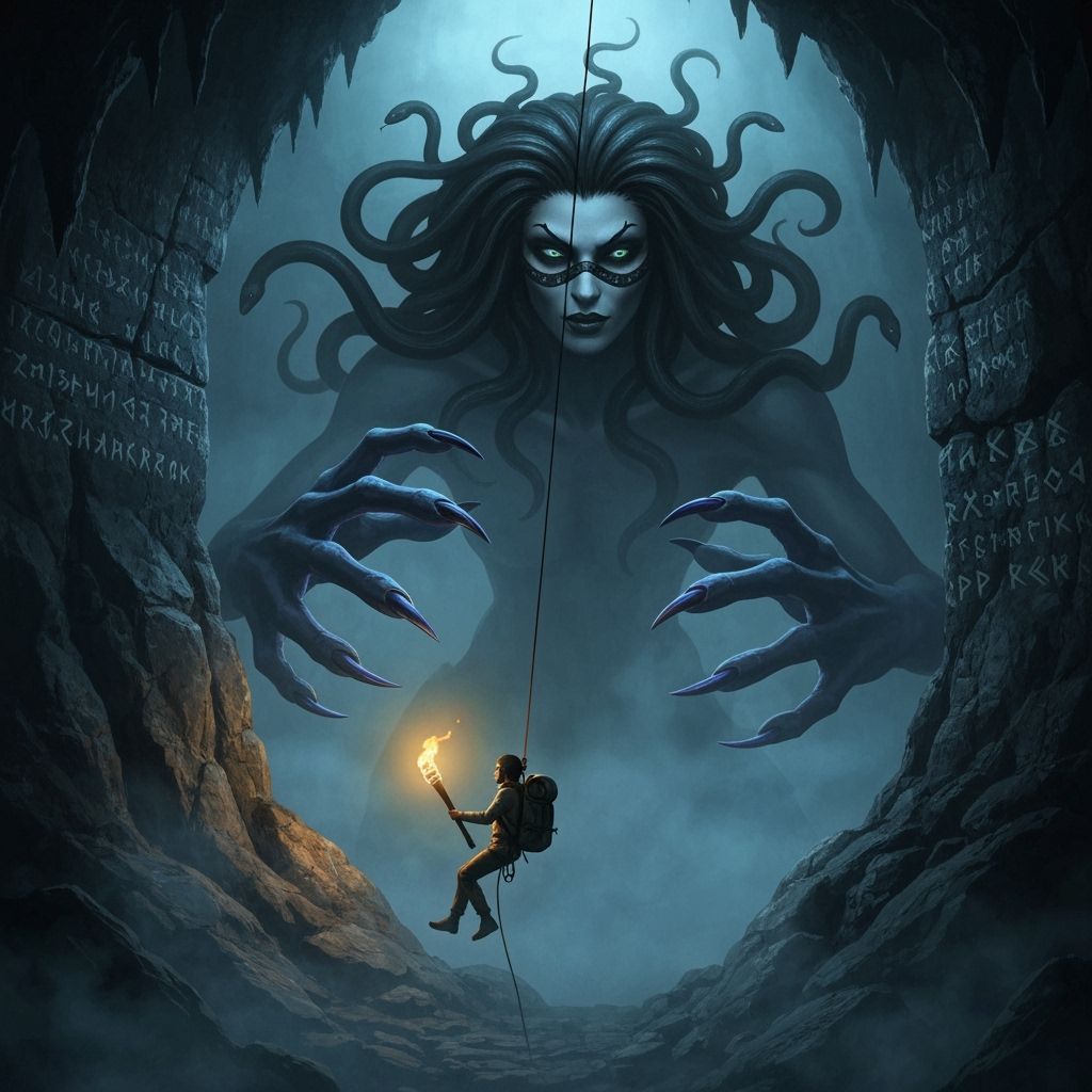 Explorer in Dark Cave Faces Mythical Siren-Gorgon