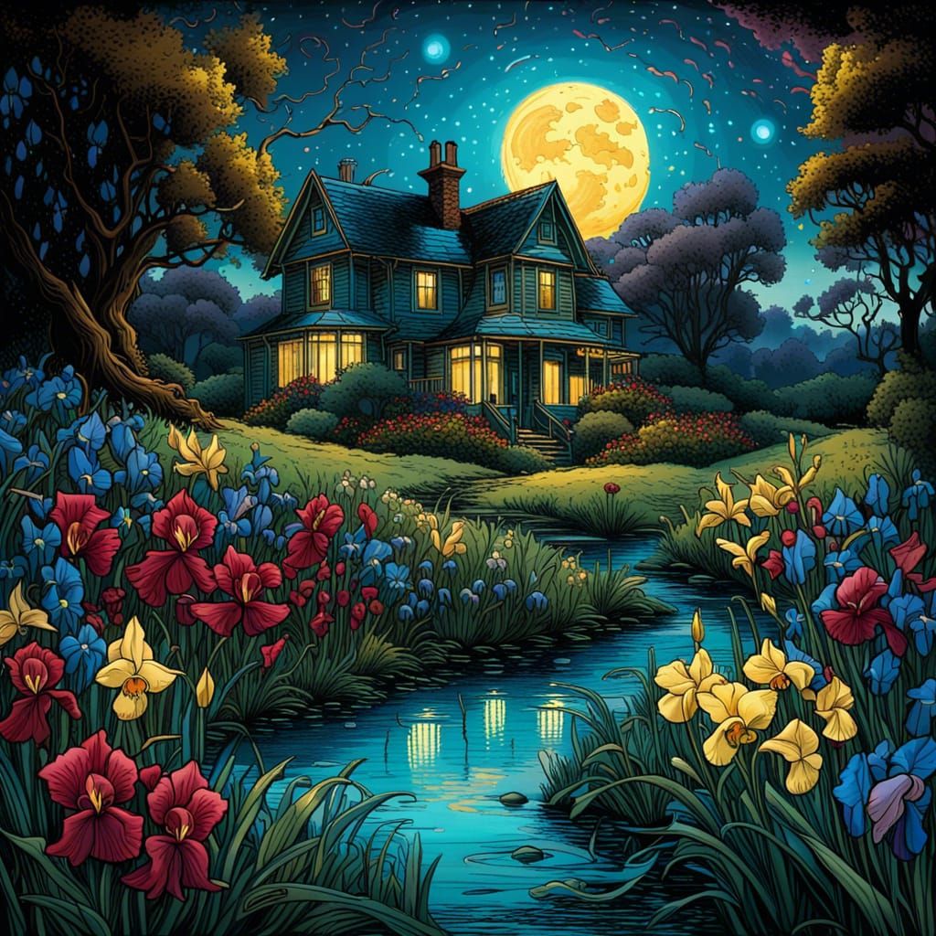 Victorian Home in Enchanted Flower Meadow, Comic Book Art
