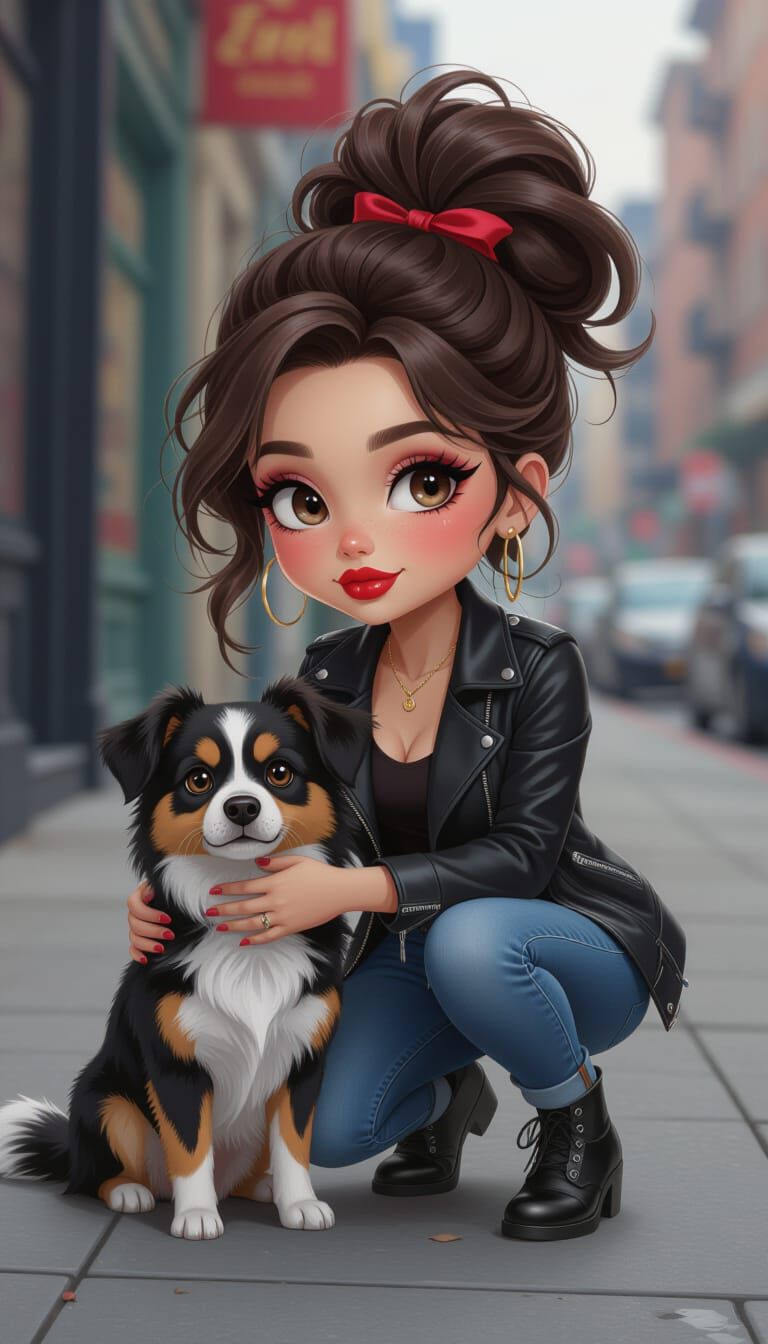 Chibi Woman Petting Dog on Sidewalk