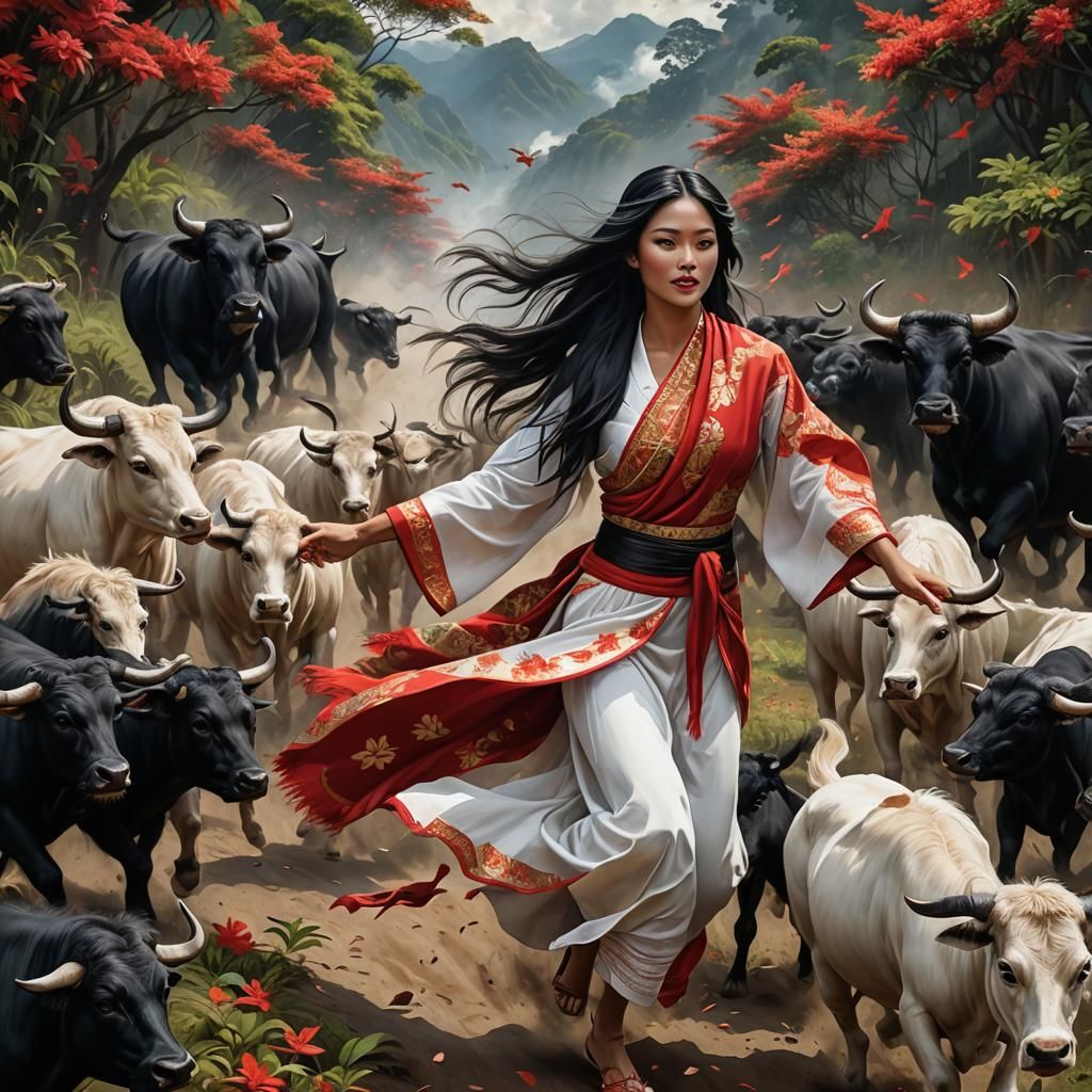 Indonesian Beauty in Balinese Landscape, Hyperrealistic Port...