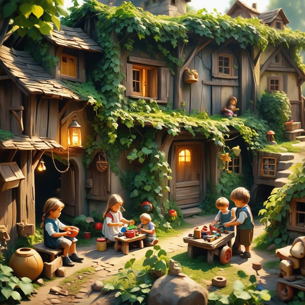 Children Playing in Village, Vibrant Oil Painting