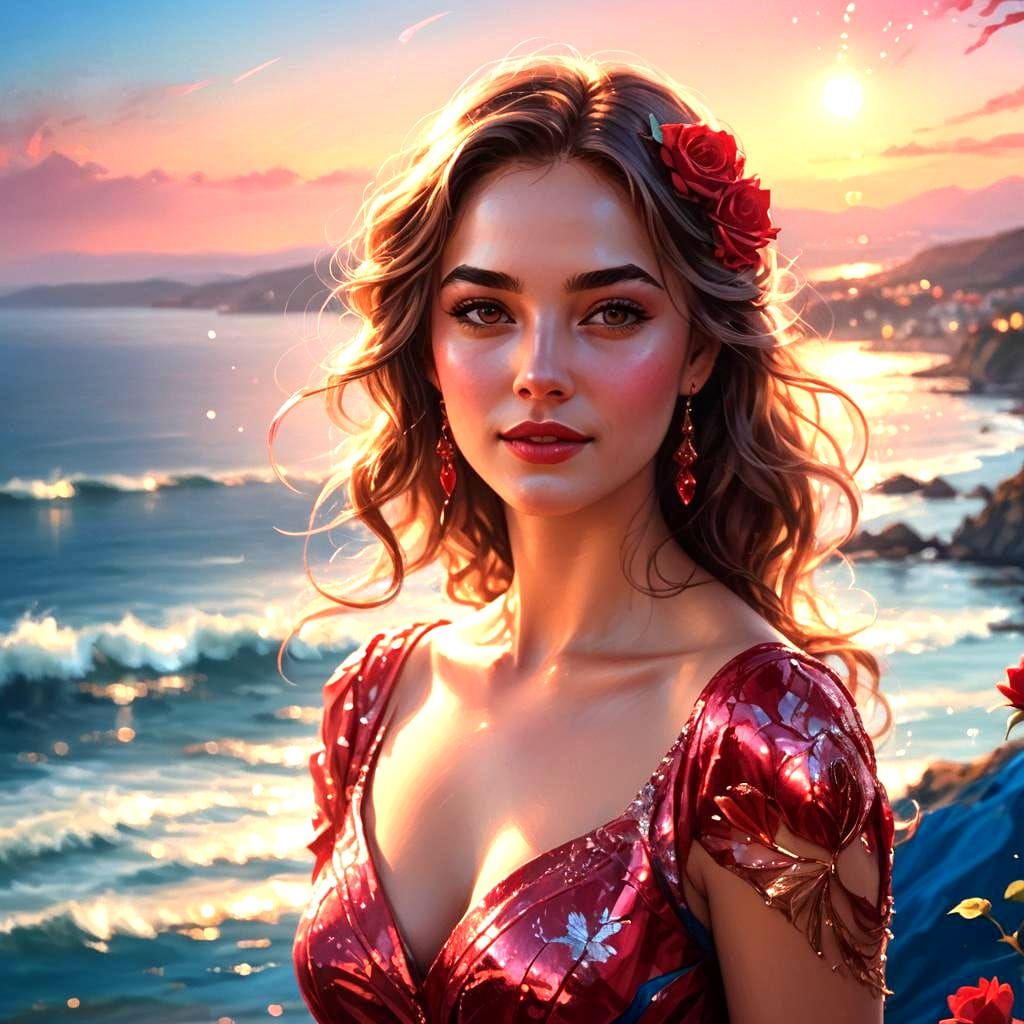 Woman in Red Dress by Blue Ocean