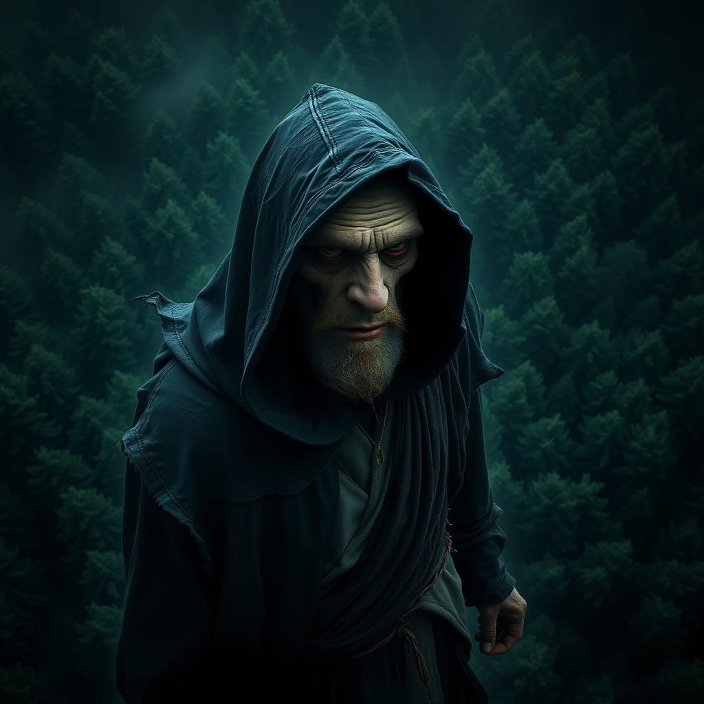 Creepy Old Mage in Gloomy Forest, Digital Matte Painting