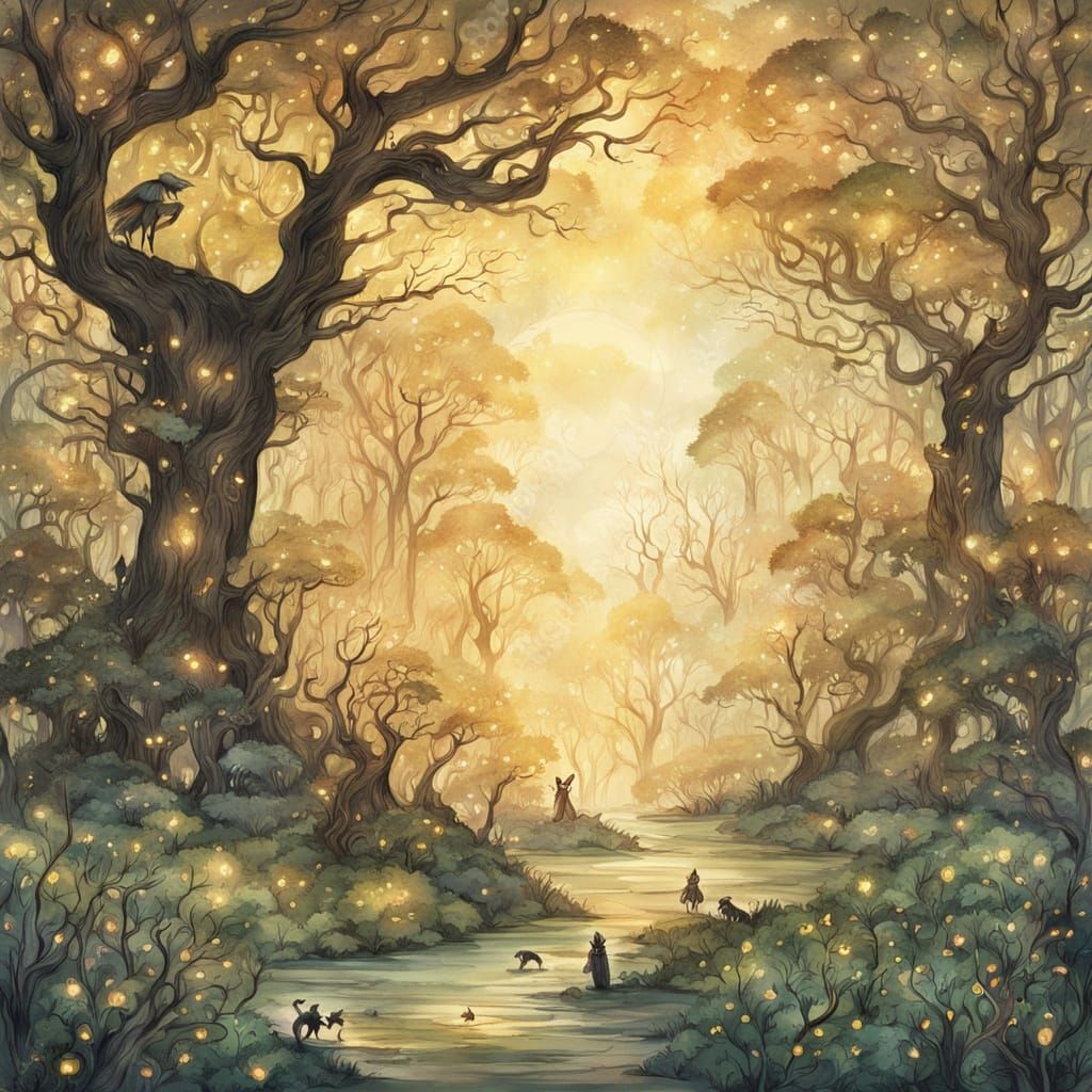 Fantastical Forest Landscape in Watercolor Illustration Styl...