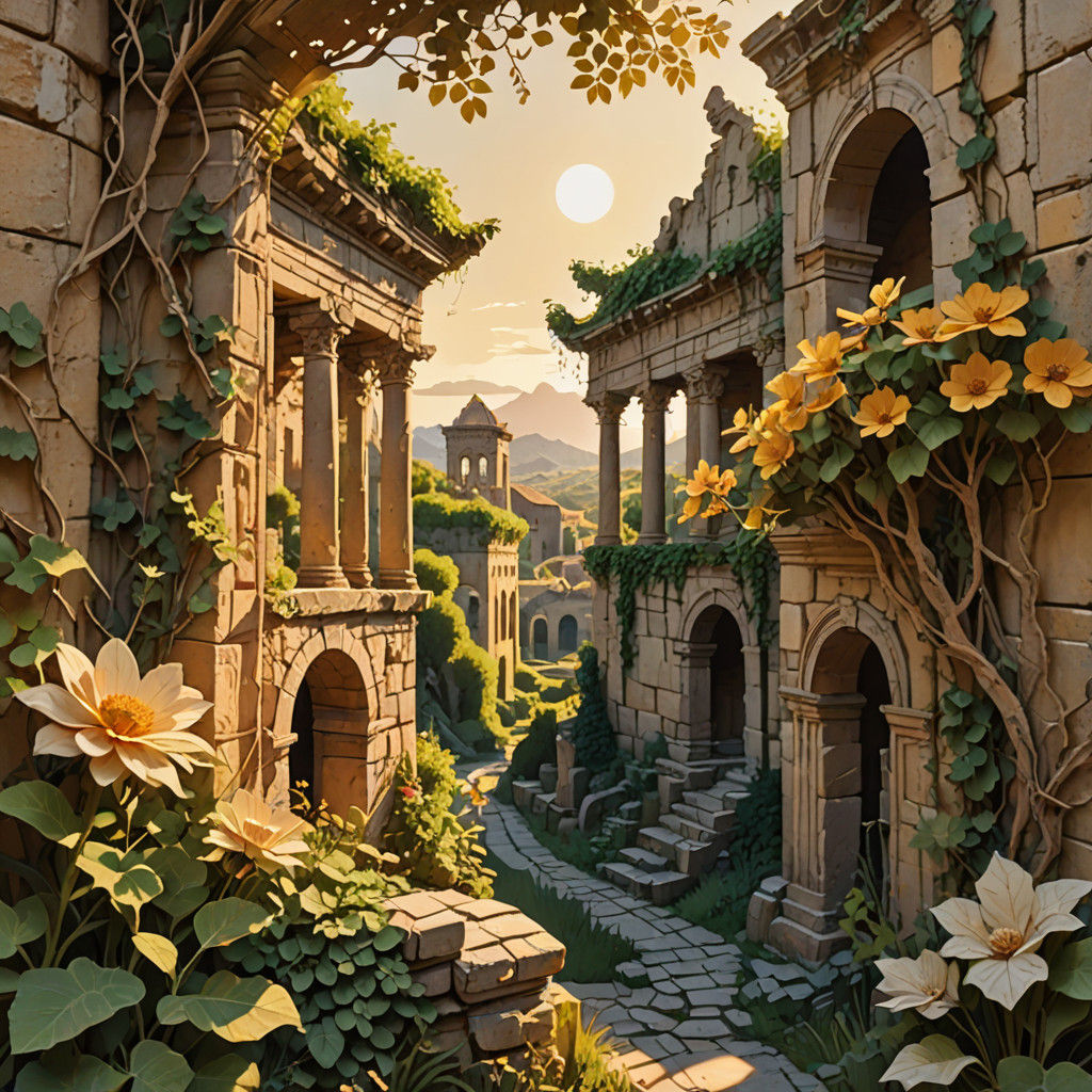 Ancient City Paper Cutout Art in Warm Golden Light