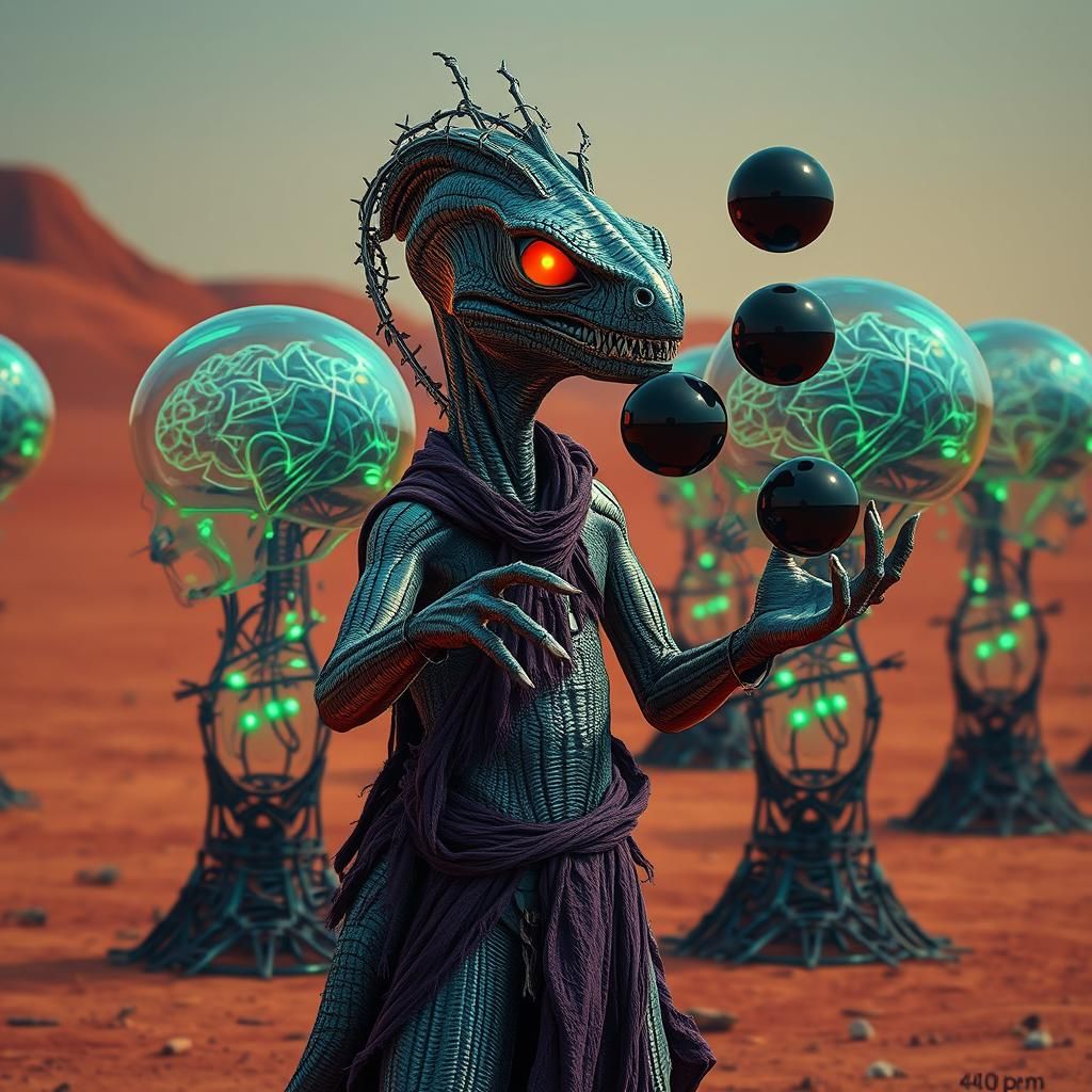 Alien Juggler in Surreal Biomechanical Landscape