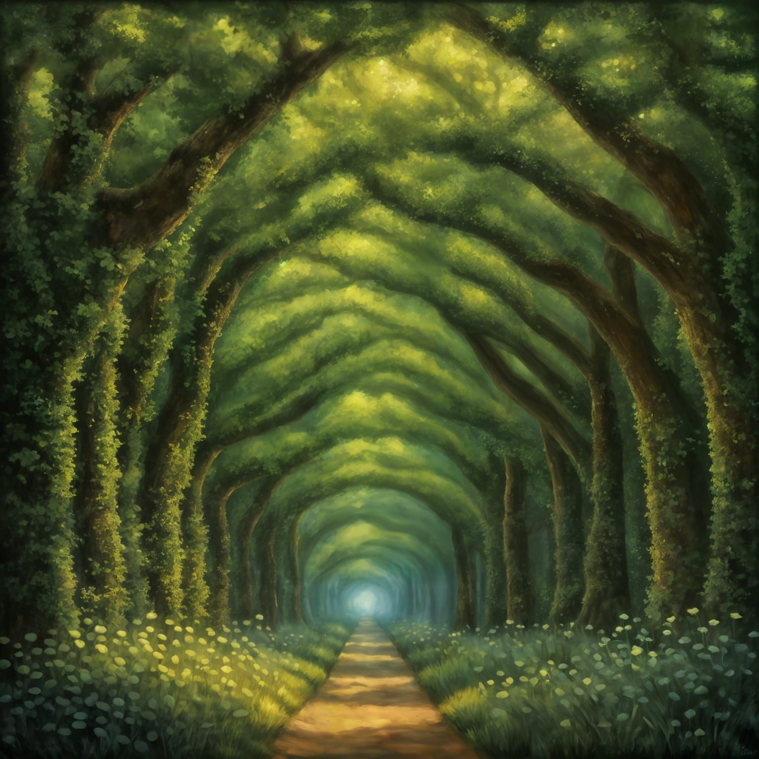 Lush Forest Tunnel in Impressionist Style