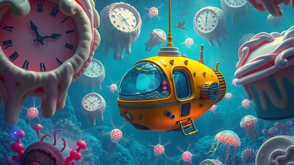 Surreal Bioluminescent Ocean with Floating Cream Pies