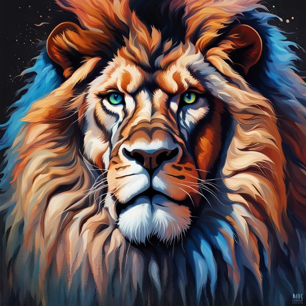 Blue-Eyed Lion in Detroit: Hyperrealistic Splash Art
