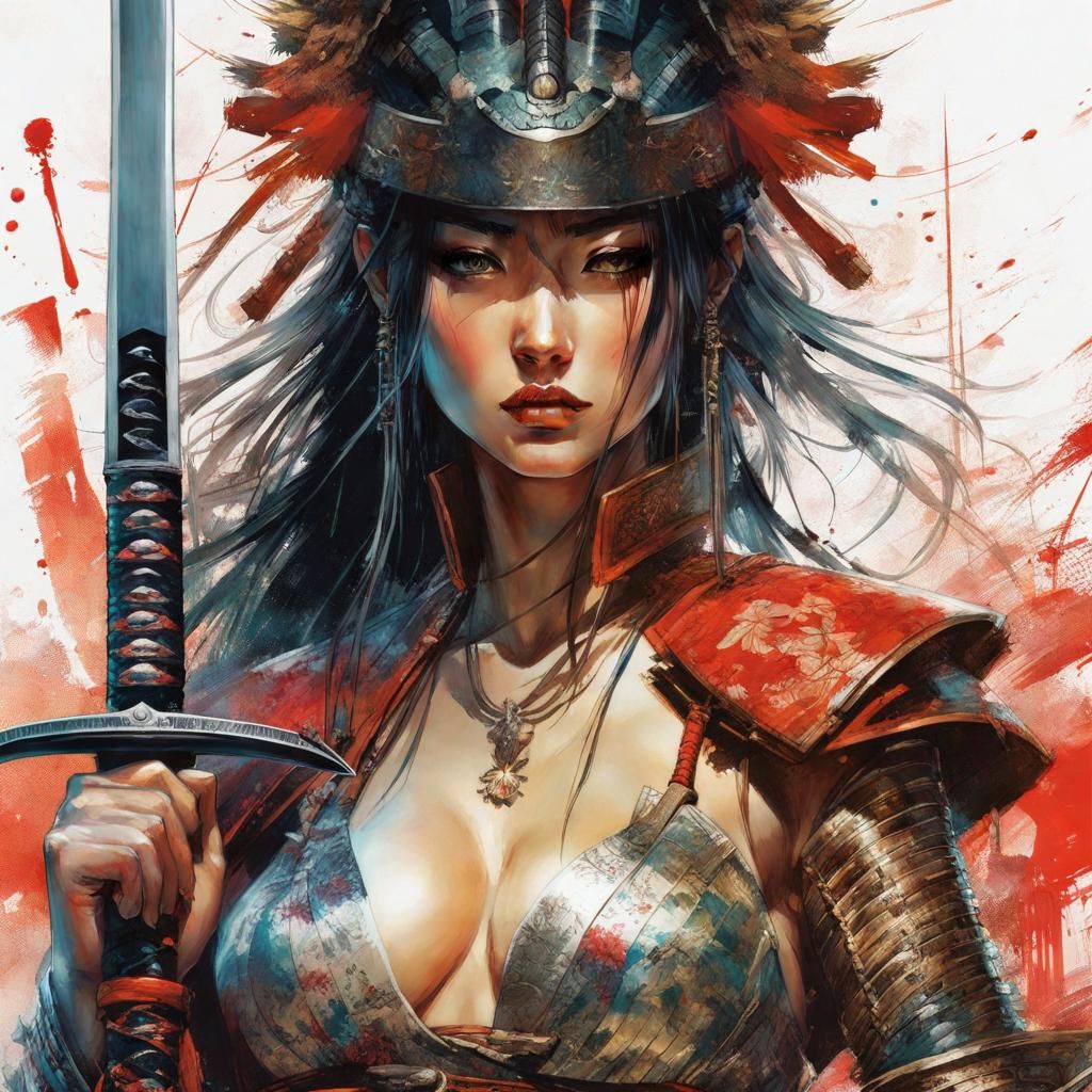 Powerful Woman Samurai in Digital Art Style