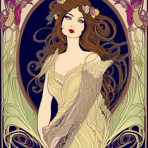 Art Nouveau Portrait of Woman with Bird and Flowers