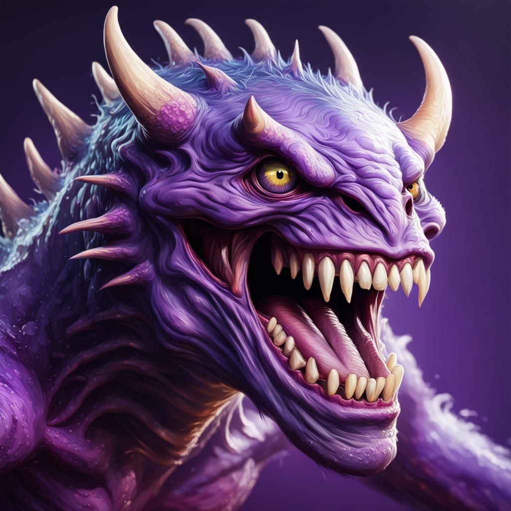 Hyperrealistic Purple Monster with Long Teeth