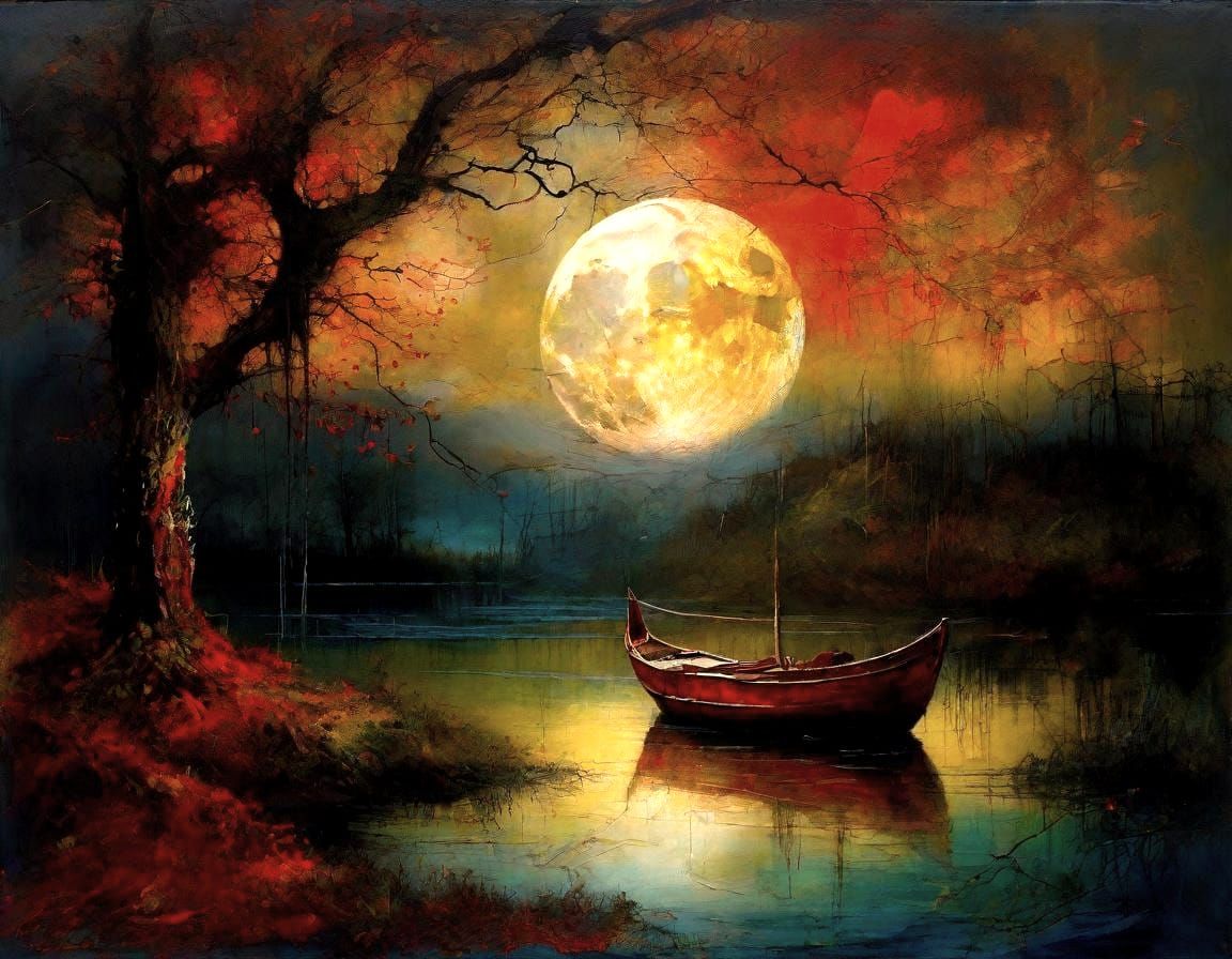 Gnarled Tree and Red Boat Under Vibrant Moon