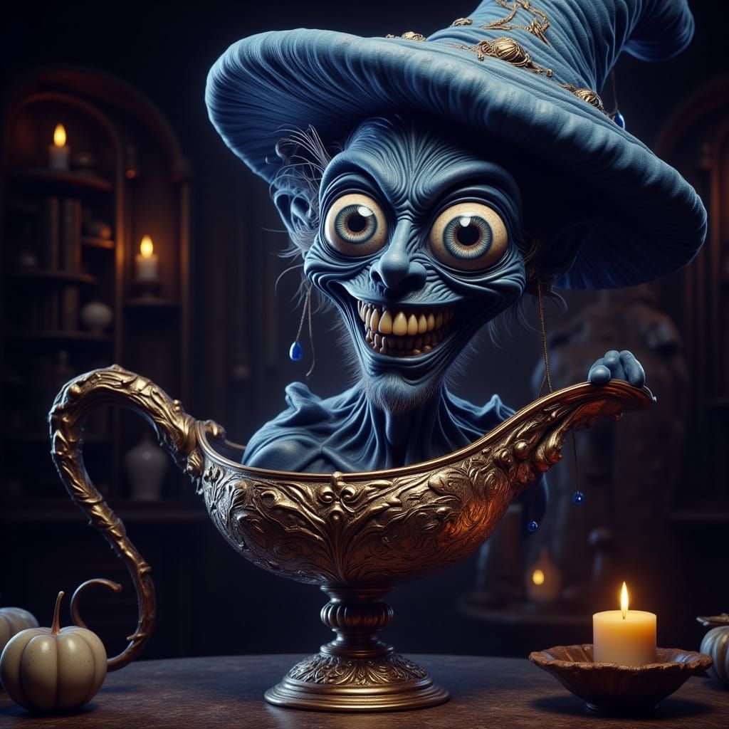 Mushroom Genie Emerges from Lamp in Arabian Nights