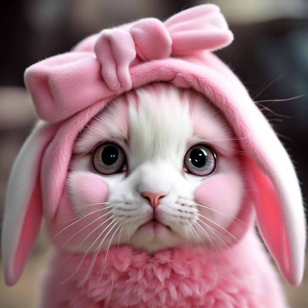 Pink Bunny x kitty hybrid, cute, big eyes,