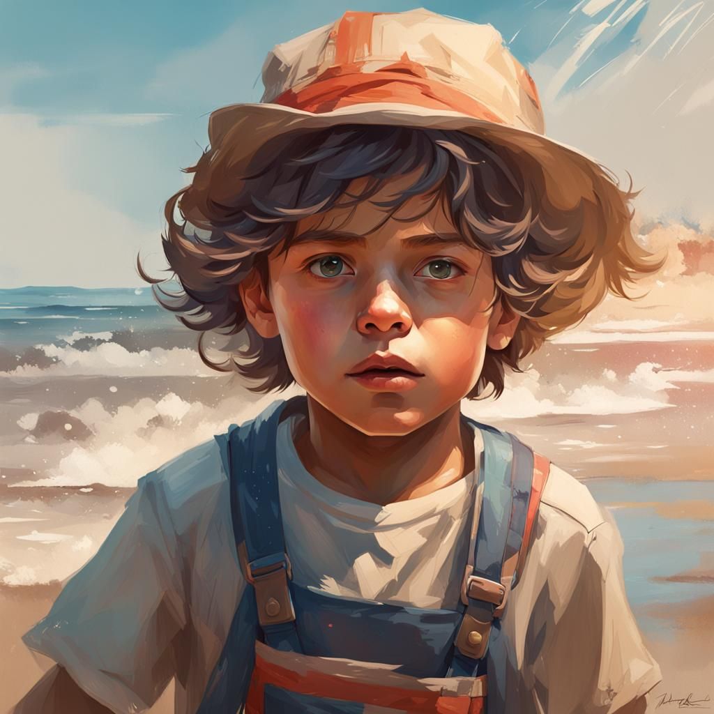 Detailed Portrait of Child at Beach, Splash Art