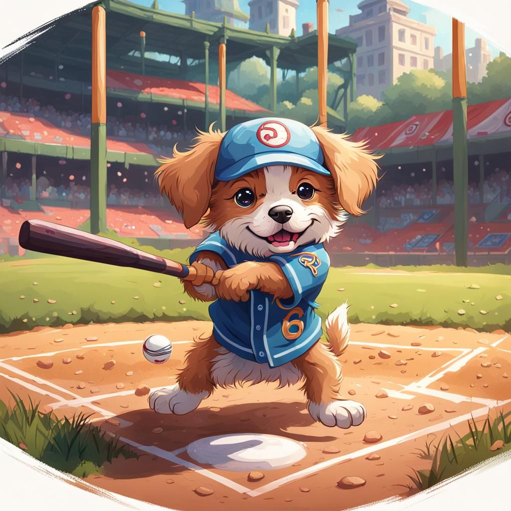 Puppy Swings Bat in Gouache Impressionist Style