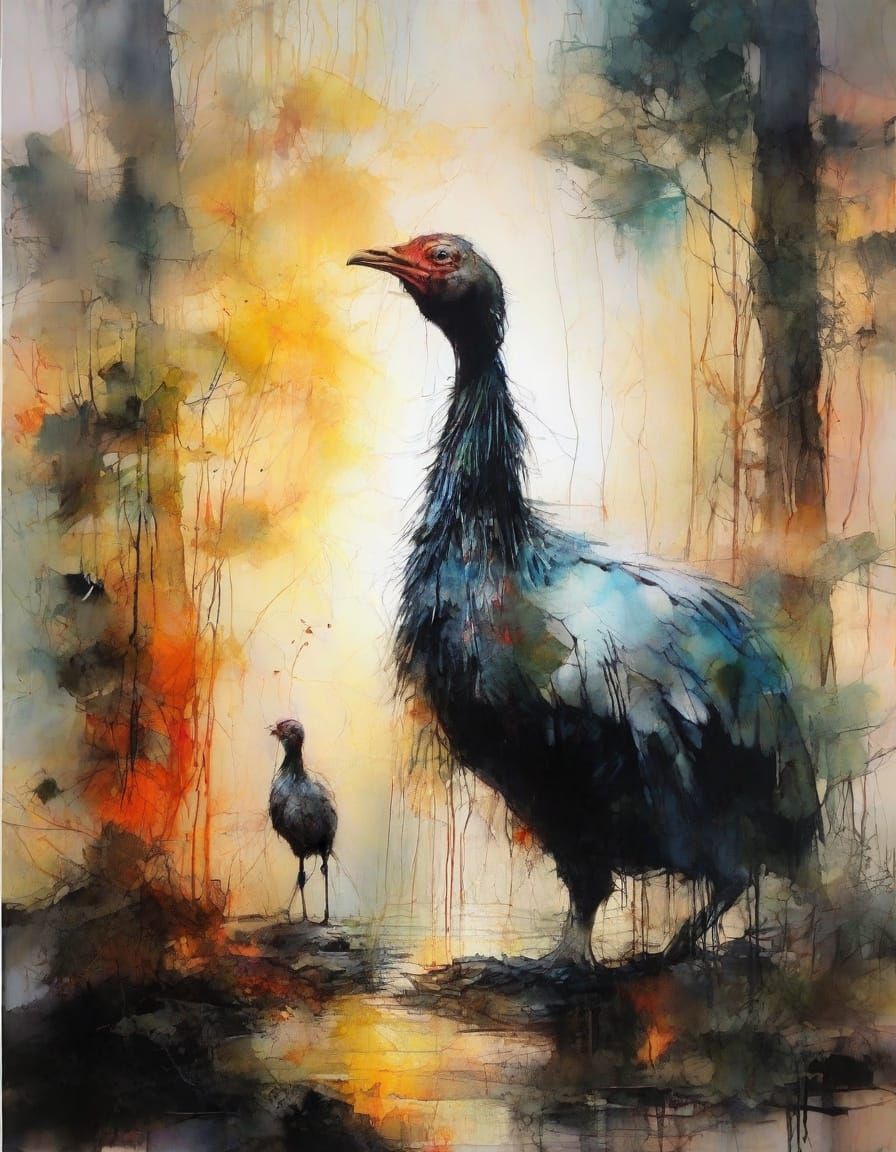 Dodo Family at Sunset in Surreal Abstract Style