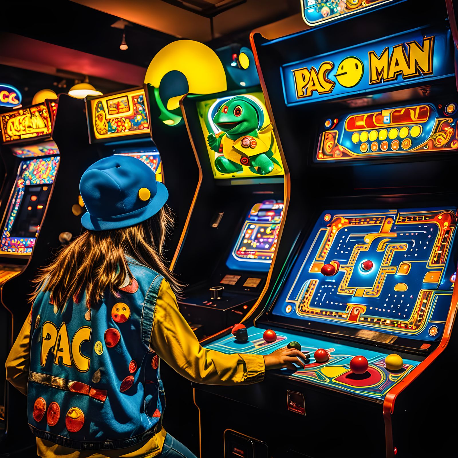 Hippie Turtle Chick Plays Pac-Man in 70s Arcade