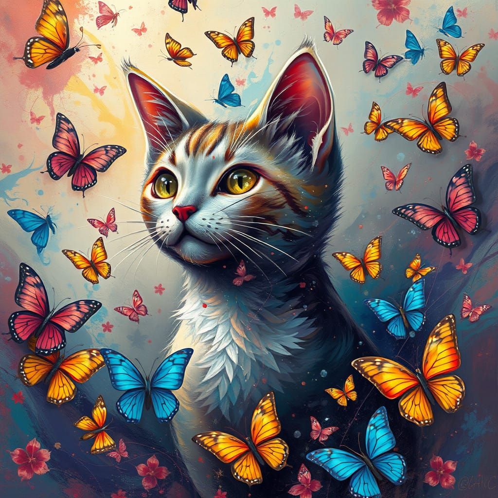 Wonderful Sparkling Cat Surrounded by Vibrant Butterflies in...
