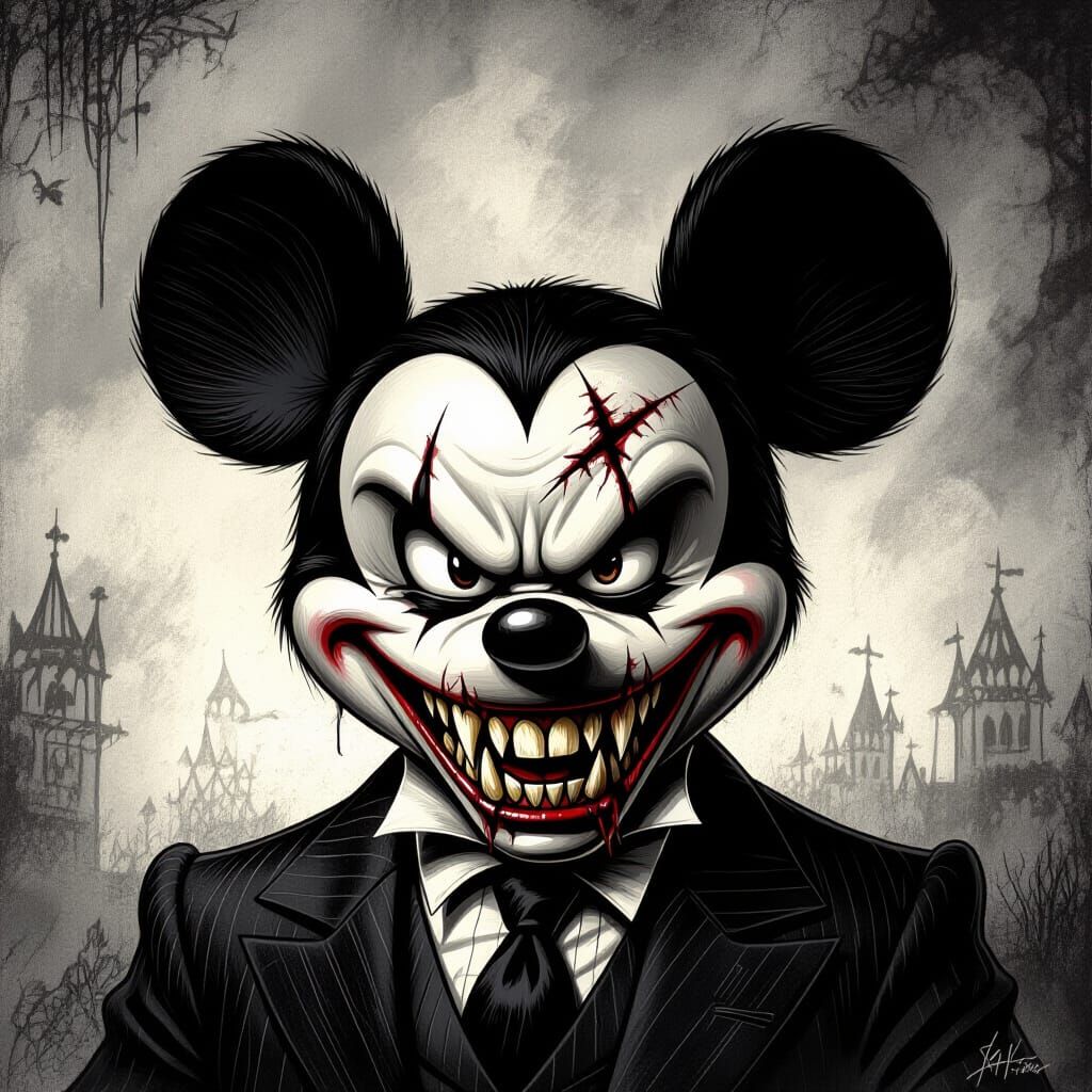 Menacing Mickey Mouse in Gothic Horror Style