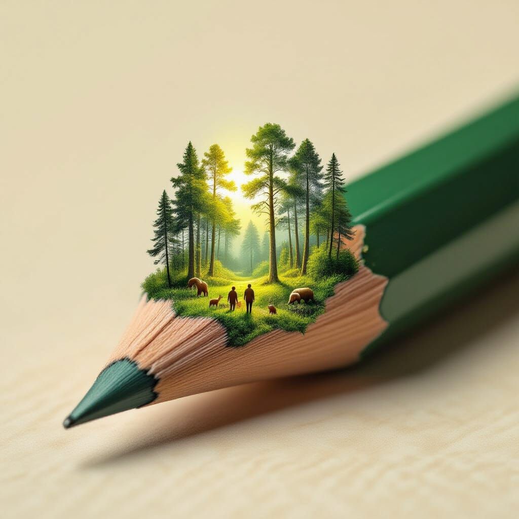 Forest Diorama Inside Pencil Tip, Classical Oil Painting Sty...