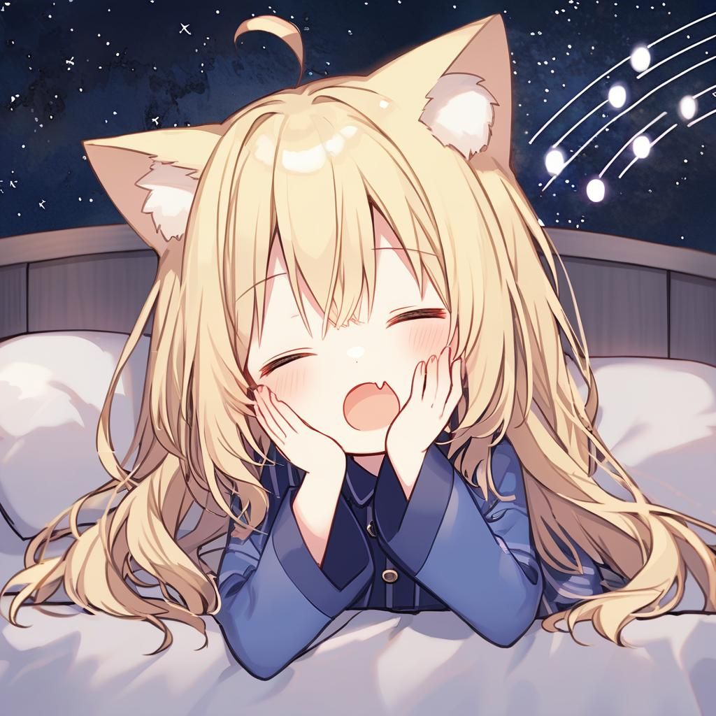 Cute Catgirl Yawning Under Starry Night Sky